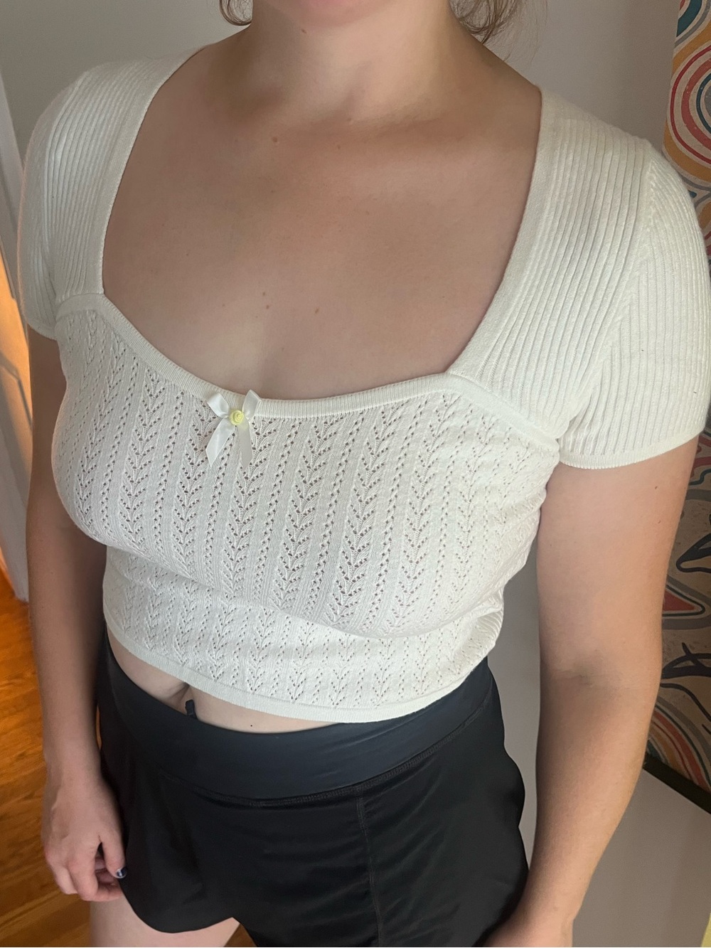 Ivory Knit Short Sleeve Square Neck Crop Top